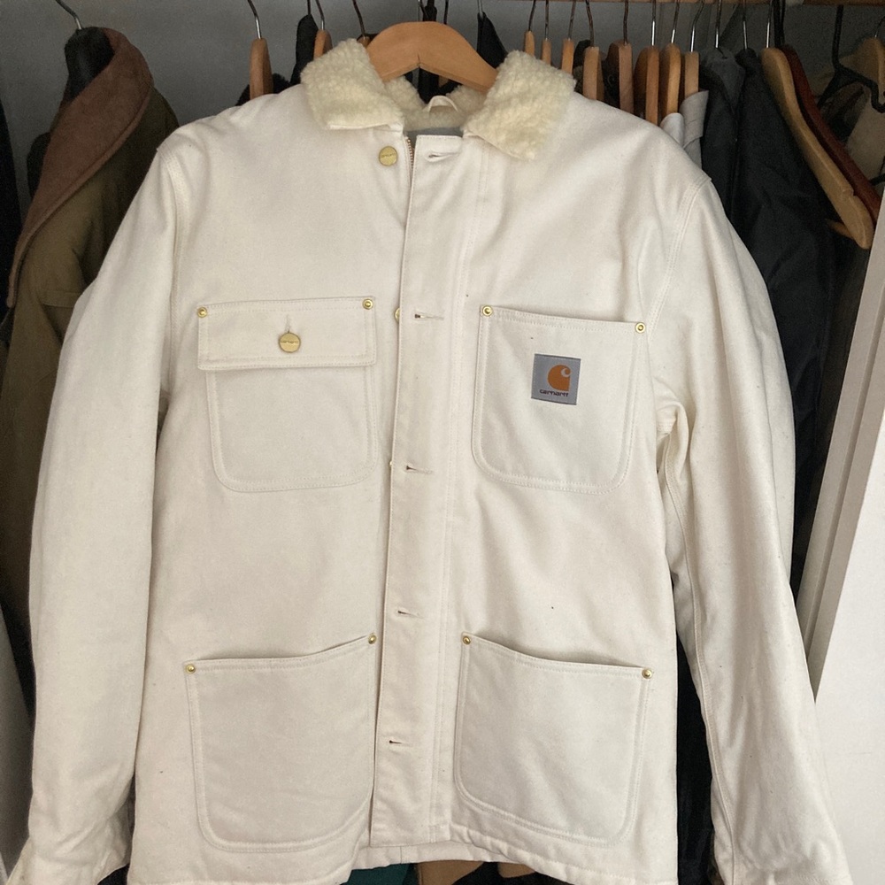 Carhartt WIP cream and white colored canvas fleece coat